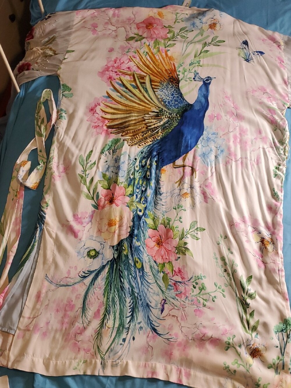 Aratta Satin Peacock Kimono Robe in Blue, Green, Pink - Picture 5 of 10